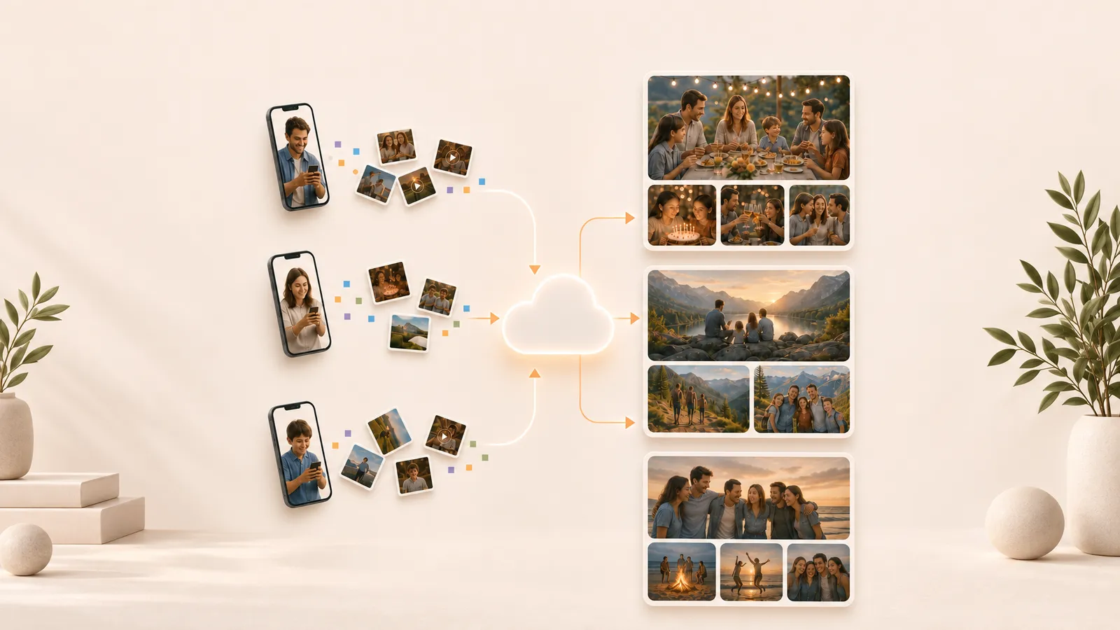 Photos from three phones arriving in one shared album, laid out by occasion.